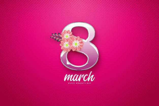 8 March womens day with silver numbers and pink flowers