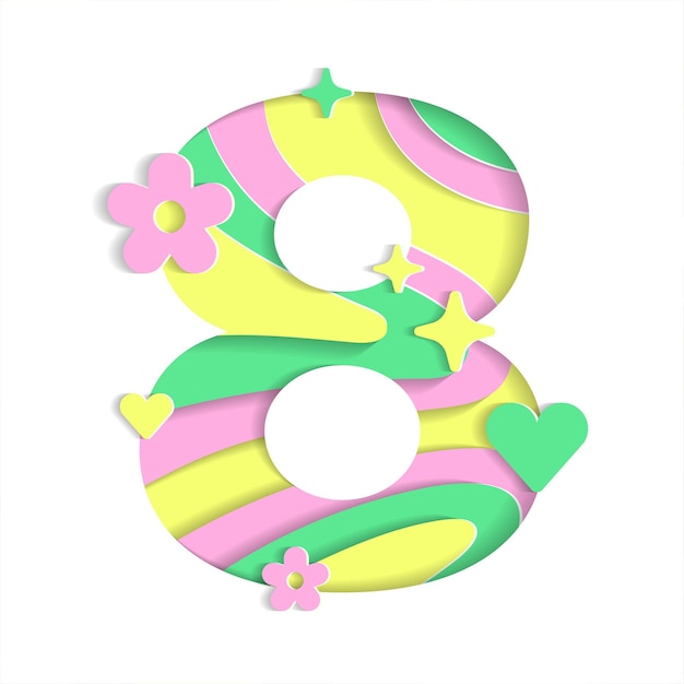 8 Numeric Number Abstract Paper Lively Flower Heart Sparkle Yellow Pink Green Cutout Paper Card