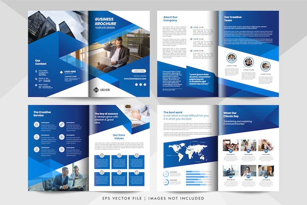 Modello di brochure aziendale di 8 pagine in colore blu.