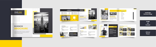 8 page minimal corporate landscape brochure design with minimal shapes.