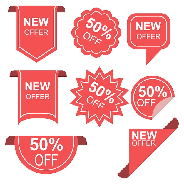 Vector 8 red sales labels with different shapes