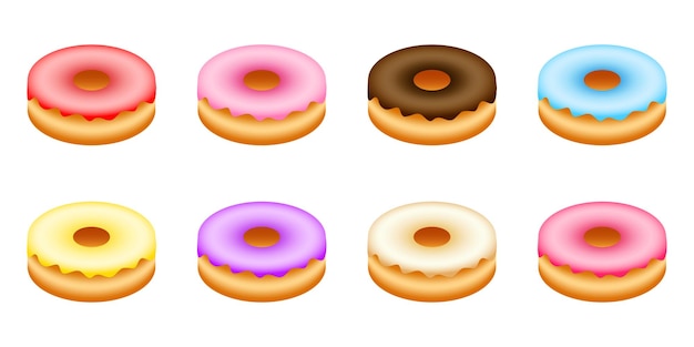 Vector 8 soorten kleurrijke geglazuurde donuts in set