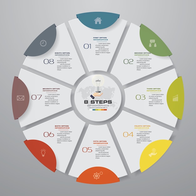 8 steps modern pie chart infographics elements.