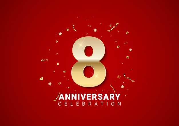 8 verjaardag achtergrond met gouden cijfers, confetti, sterren op heldere rode vakantie achtergrond. Vectorillustratie EPS10