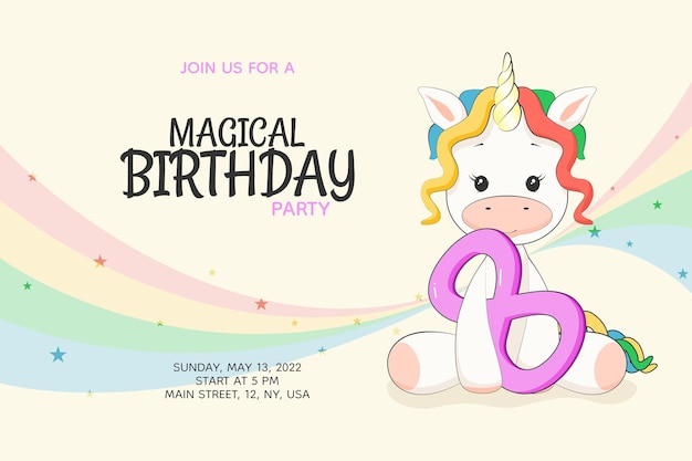 Vector 8 years magical kids birthday party invitation with cute rainbow unicorn