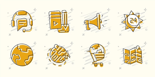 8 yellow Vector illustrated icon set for ecommerce with scribbles and stars