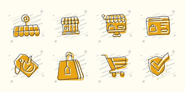 8 yellow Vector illustrated icons pack for ecommerce with scribbles and stars