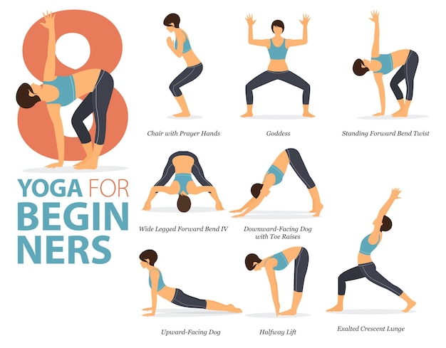 Premium Vector  8 yoga poses or asana posture . women exercising for body  stretching.