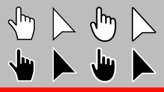 8 zwart-wit pijl geen pixel muis hand cursors iconen vector illustratie set vlakke stijl ontwerp