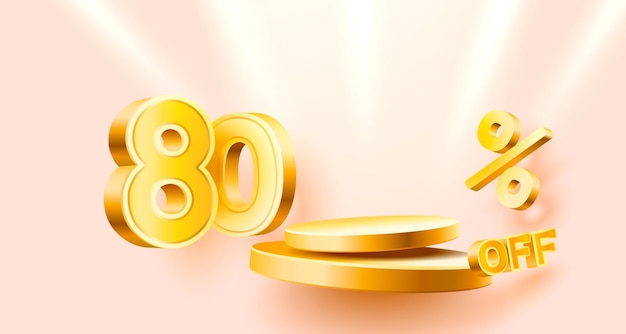 80 korting op creatieve compositie 3D-verkoopsymbool met decoratieve objecten gouden confetti-podium en geschenkdoos Verkoopbanner en poster