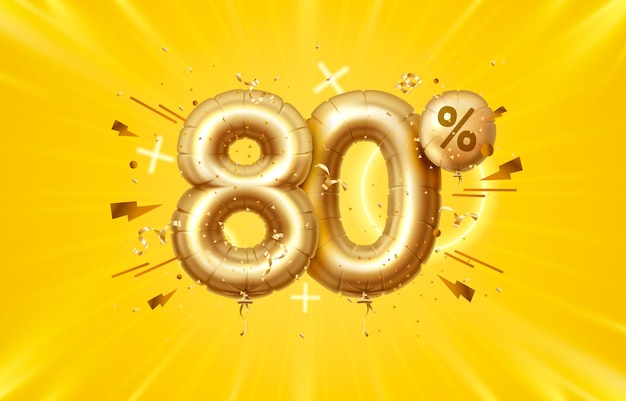 80 spento. sconto composizione creativa. simbolo di vendita d'oro 3d con oggetti decorativi, palloncini a forma di cuore, coriandoli dorati, podio e confezione regalo. banner e poster di vendita. illustrazione vettoriale.