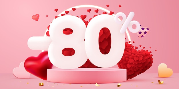 80 per cento di sconto sconto composizione creativa simbolo di vendita 3d con oggetti decorativi promozione di san valentino vendita banner e poster