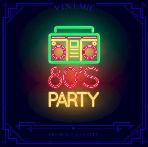 Vector 80's party with boombox cassette player neon light sign vector illustration