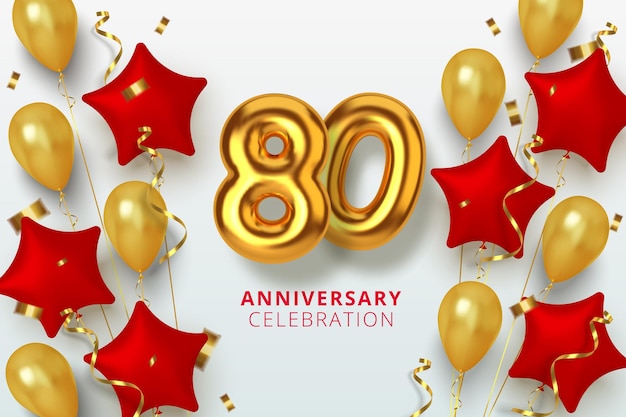 80 verjaardagsviering Nummer in de vormster van gouden en rode ballonnen. Realistische 3D-gouden cijfers en sprankelende confetti, serpentine.