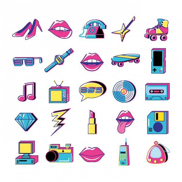 80 y 90 pop art set icons