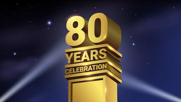 80e jaar viering 3D gouden standbeeld met schijnwerpers luxe Hollywood licht vectorillustratie