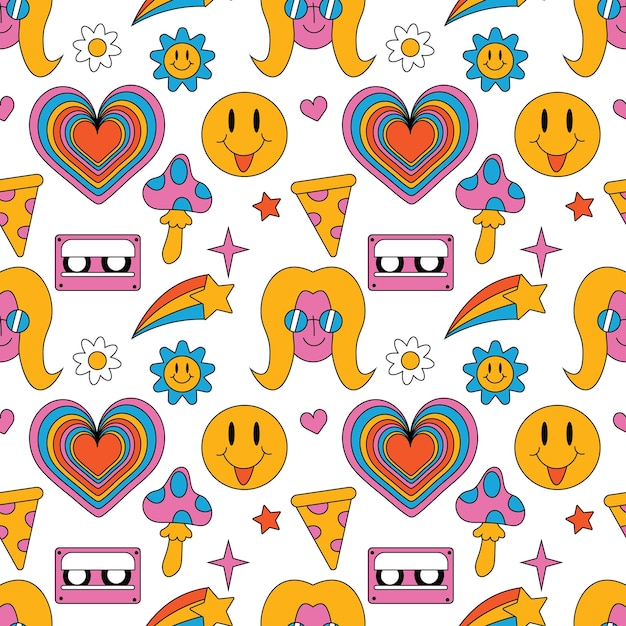 80s fashion vector summer seamless pattern with pop art patches pins badges and stickers eps on white background