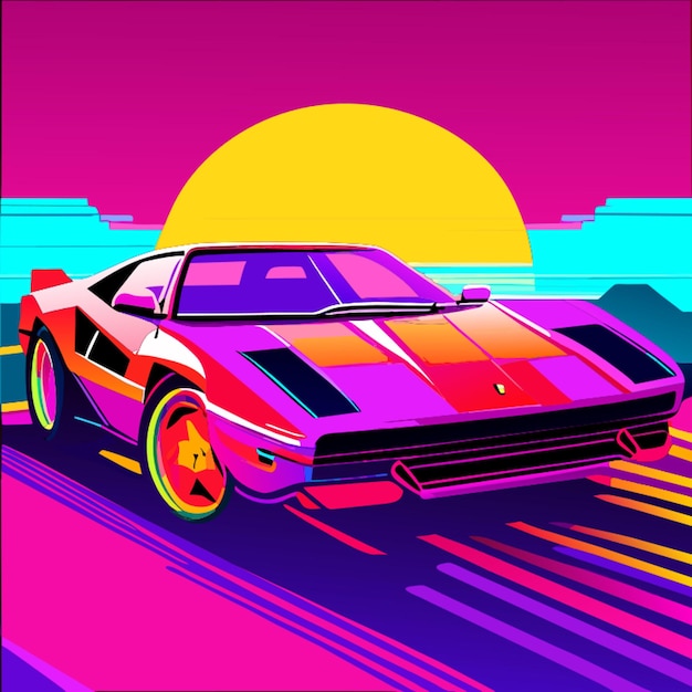 Auto ferrari lambo degli anni '80 in stile gioco con una sorta di design al neon in illustrazione vettoriale a 64 bit