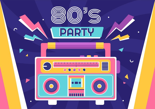 80s party cartoon achtergrond illustratie met retro muziek 1980 en disco in oude stijl design