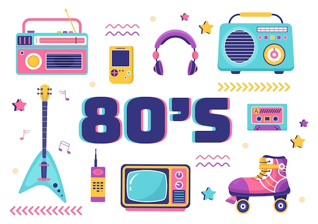 80s party cartoon background illustration with retro music 1980 and disco in old style design