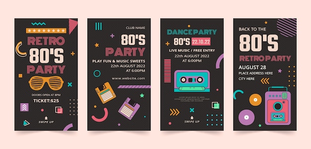 Vector 80s party flat ig stories set