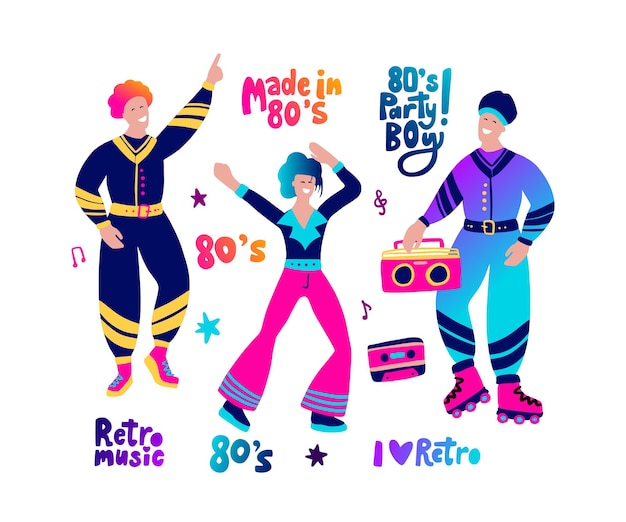 Vector 80s party people cartoon gradient character set and lettering collection