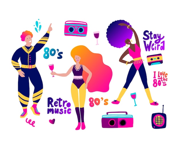 Vector 80s party people cartoon gradient character set and lettering collection