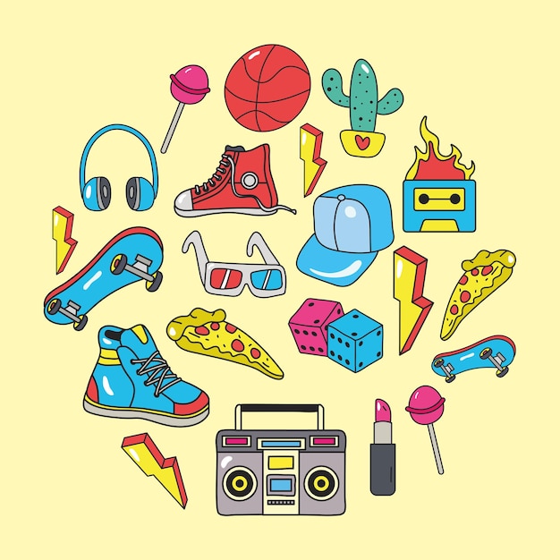 Vector 80s patches set icons around