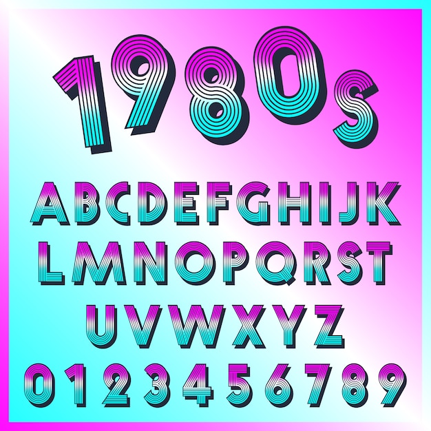 80年代レトロフォントテンプレート。ヴィンテージデザインの文字と数字のラインのセット。