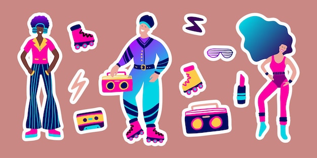 Vector 80s retro music party sticker set