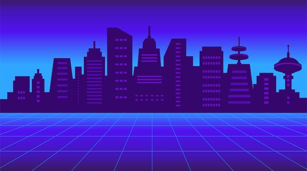 Sfondo di fantascienza retrò anni '80. siluetta futuristica della città di notte al neon con grattacieli. illustrazione vettoriale nei colori blu scuro, viola