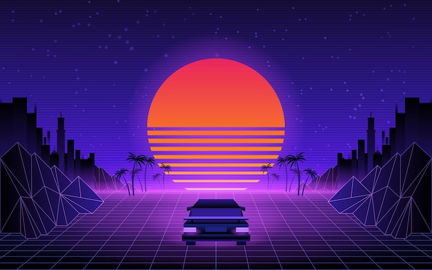 80s Retro Sci-Fi Background. Vector retro futuristic synth retro wave illustration in 1980s posters style. Suitable for any print design in 80s style.