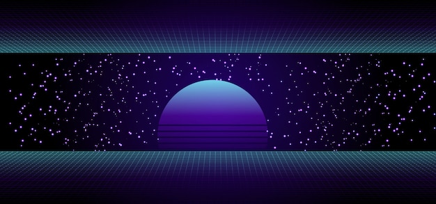 Vector 80s retro sci-fi banner with sunrise or sunset