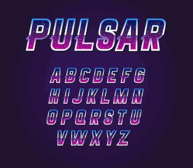 Vector 80s retro sci-fi universe pulsar  font alphabet set