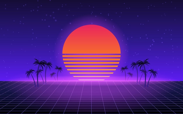 Vector 80s style retro background with sun and silhouettes of palm trees. retro wave wallpaper