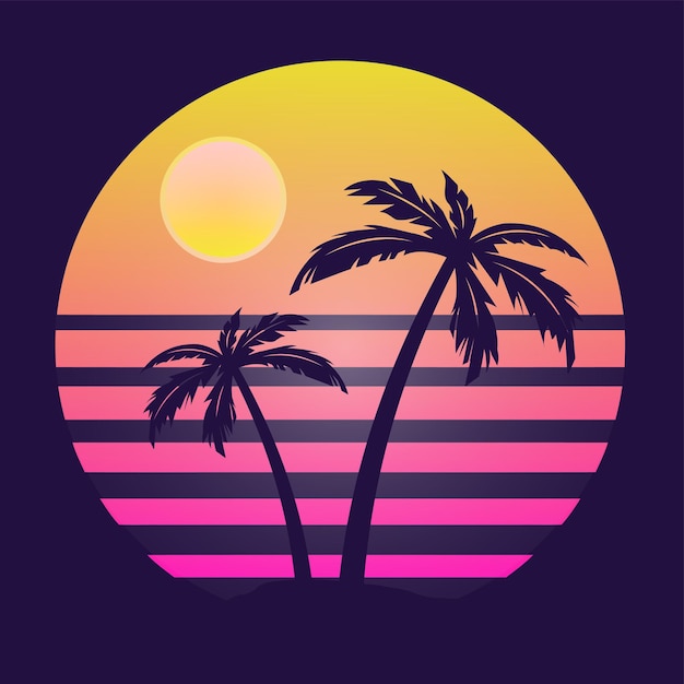 ベクトル 80 年代 synthwave レトロな夕日の背景