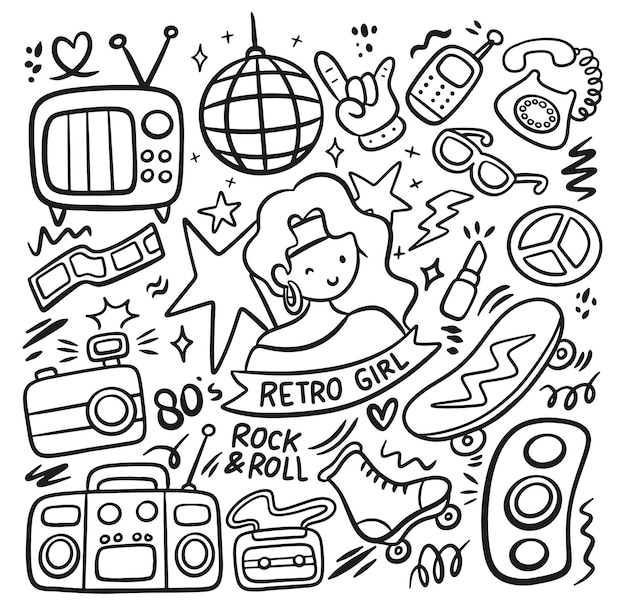 80s trend gerelateerd object retro stijl mode doodle illustratie