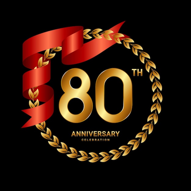 月桂樹の花輪と赤いリボンのロゴ ベクトル テンプレートと 80 周年記念ロゴ デザイン