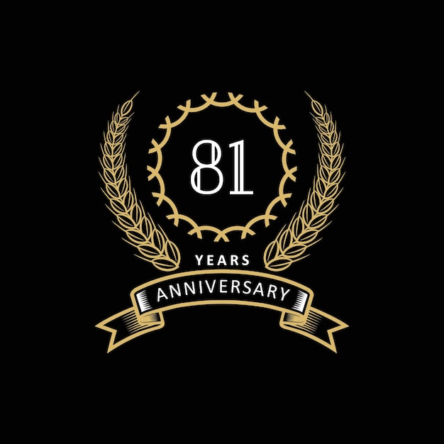 81e verjaardagslogo met goud en wit frame en kleur op zwarte achtergrond