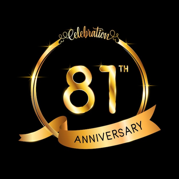 81th Anniversary template design with gold color ribbon and ring Logo Vector Illustration