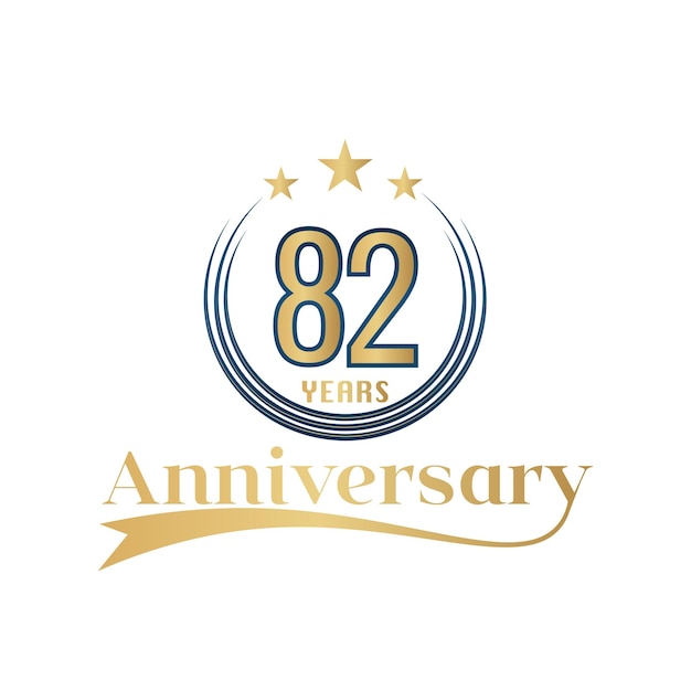 Vector 82 year anniversary vector template design illustration. gold and blue color design with ribbon