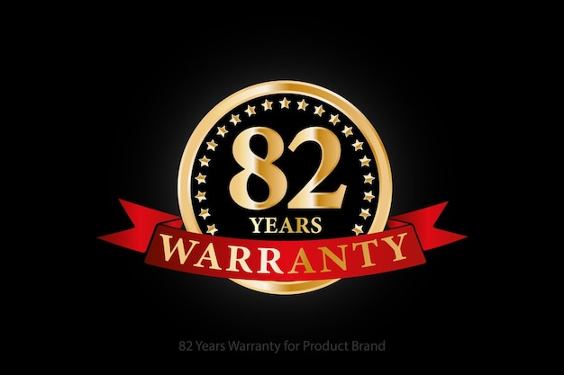 82 years warranty golden logo with ring and red ribbon isolated on black background