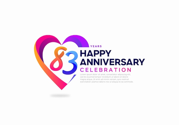 83 jaar jubileum met liefdesvorm pictogram logo ontwerpsjabloon