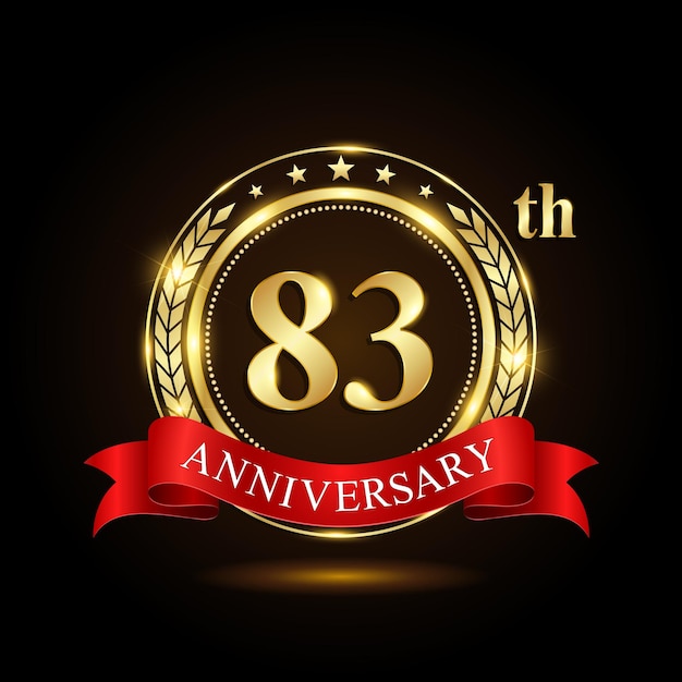 83th golden anniversary logo with shiny ring and red ribbon isolated on black background vector design