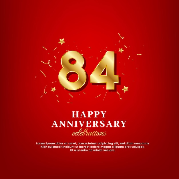 84 jaar gouden nummers verjaardag vieren tekst en jubileum felicitatie tekst met gouden confetti verspreid op een rode achtergrond