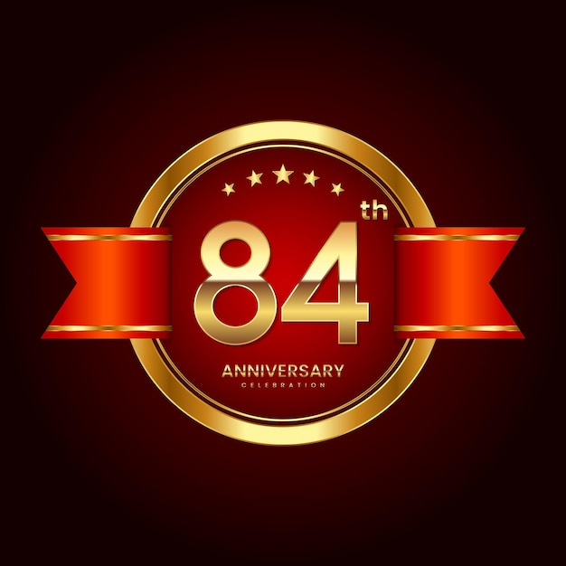 Vector 84th anniversary logo with badge style anniversary logo with gold color and red ribbon logo vector