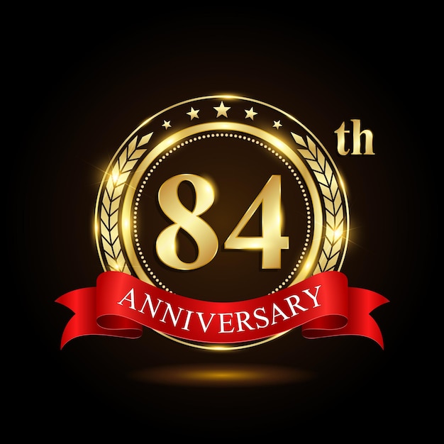 84th golden anniversary logo with shiny ring and red ribbon isolated on black background vector design