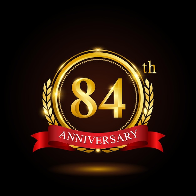 84esimo modello di anniversario d'oro con anello lucido e corona di alloro nastro rosso isolato su sfondo nero logo vettoriale