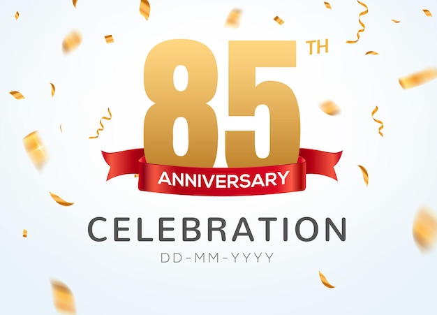 85 numeri d'oro dell'anniversario con coriandoli dorati. modello di festa per l'evento dell'85° anniversario.