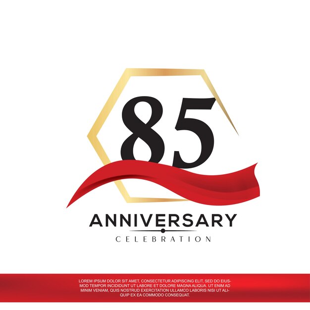 85주년 기념 디자인. 빨간색 리본이 있는 기념일 우아함 황금색 및 검은색 로고